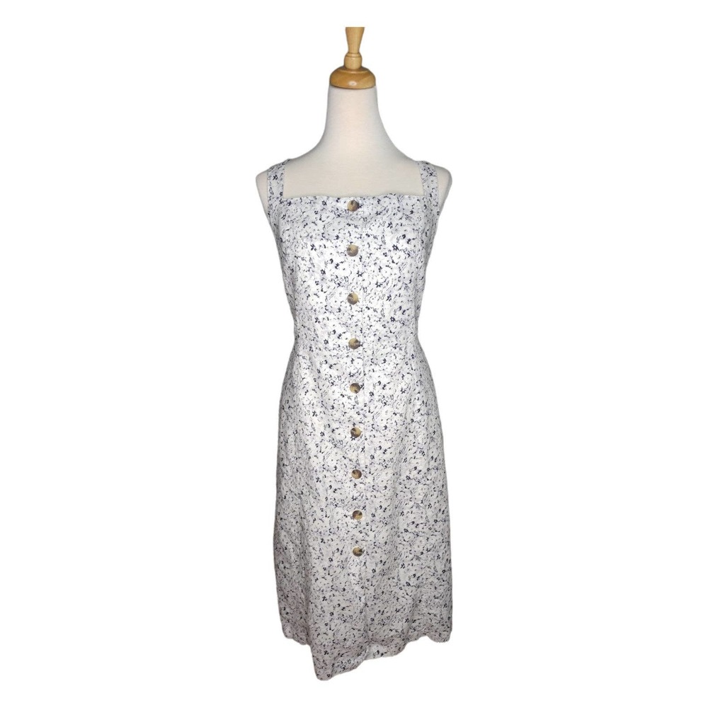 Gap White Grey Black Floral Linen Bib Front Button Down Dress w Pockets 16 Tall - Picture 2 of 9